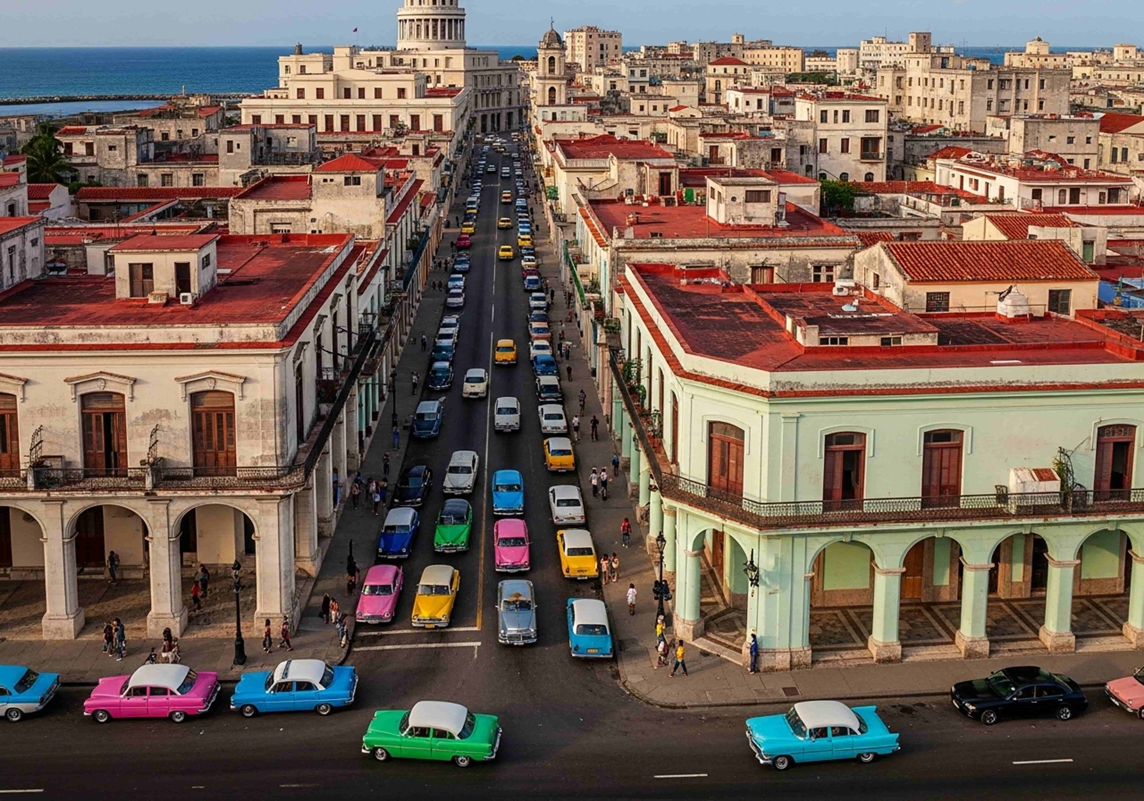 Aerial view of Havana boulevard lined with colorful vintage cars and El Capitolio dome in background, Cuba