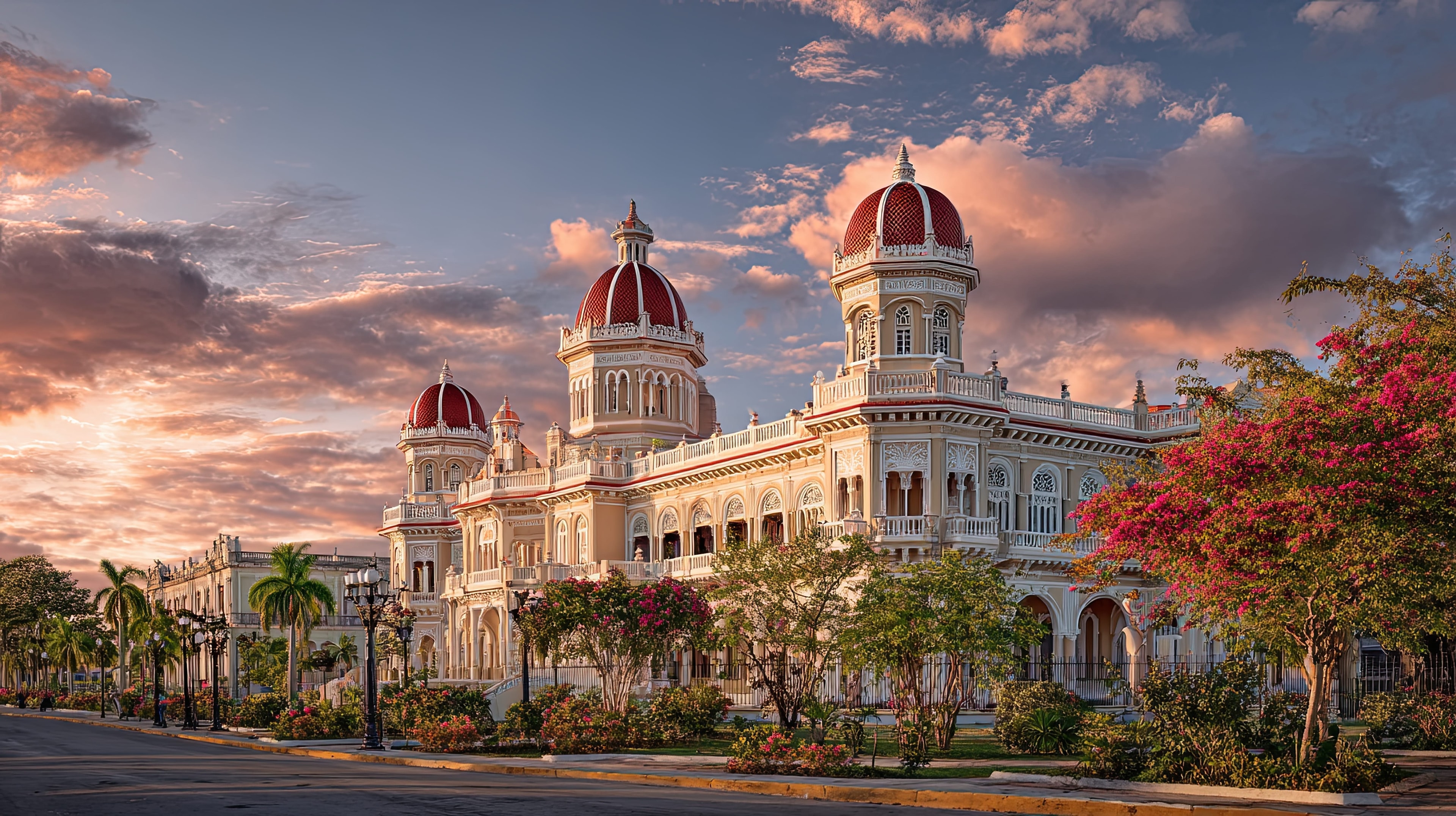 Palacio de Valle Cienfuegos ornate neoclassical facade with red domes and tropical gardens at sunset, Cuba