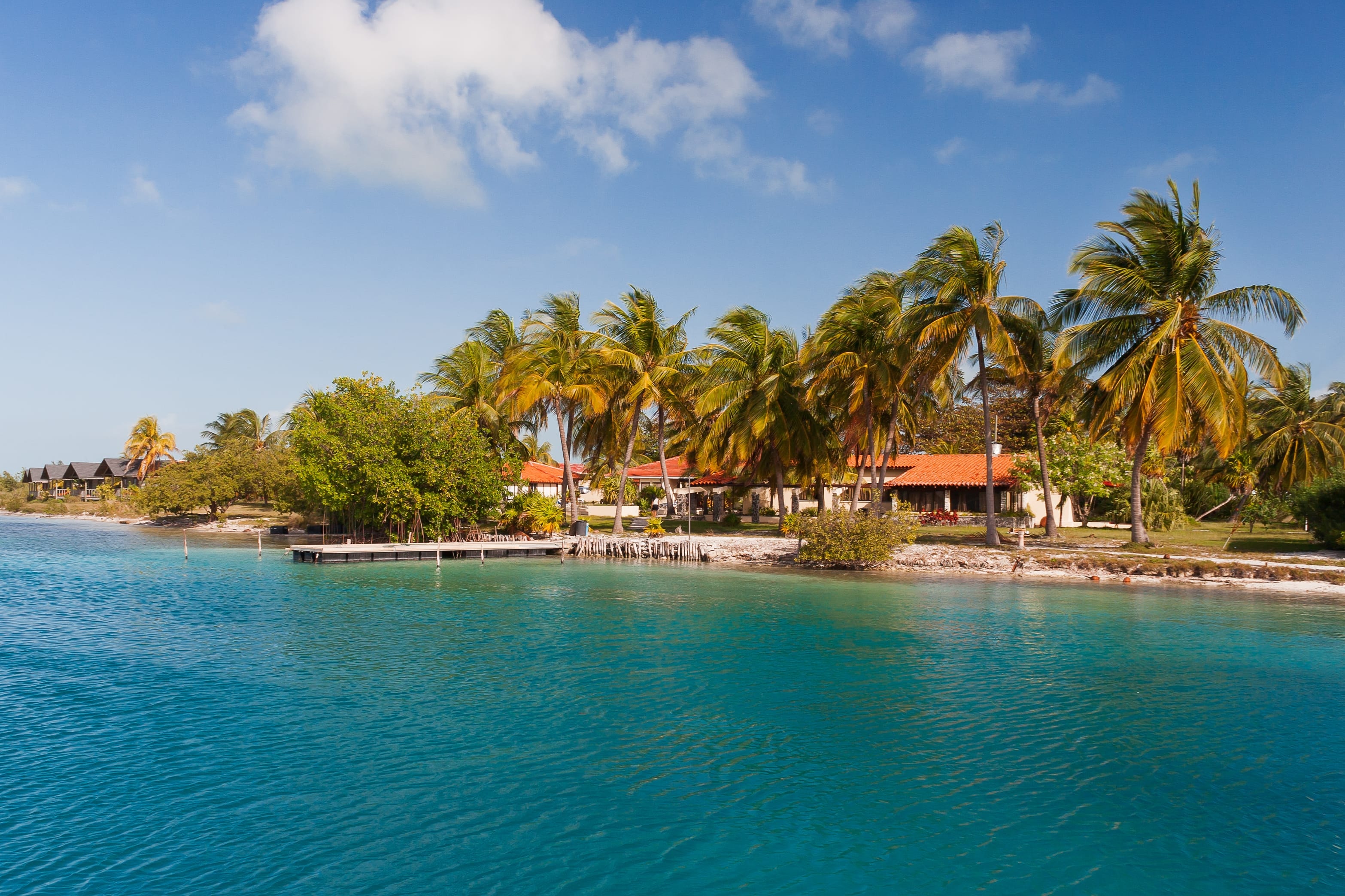 Tropical Cuban cay with turquoise water, wind-swept palm trees, wooden dock, and red-roofed villa nestled in the palms