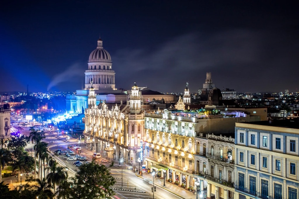 Havana Capitol and Gran Teatro illuminated at night Cuba