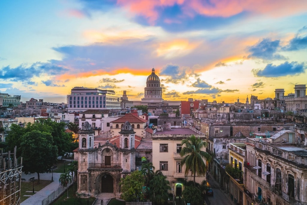 Havana skyline at sunset with Capitol dome and colorful clouds