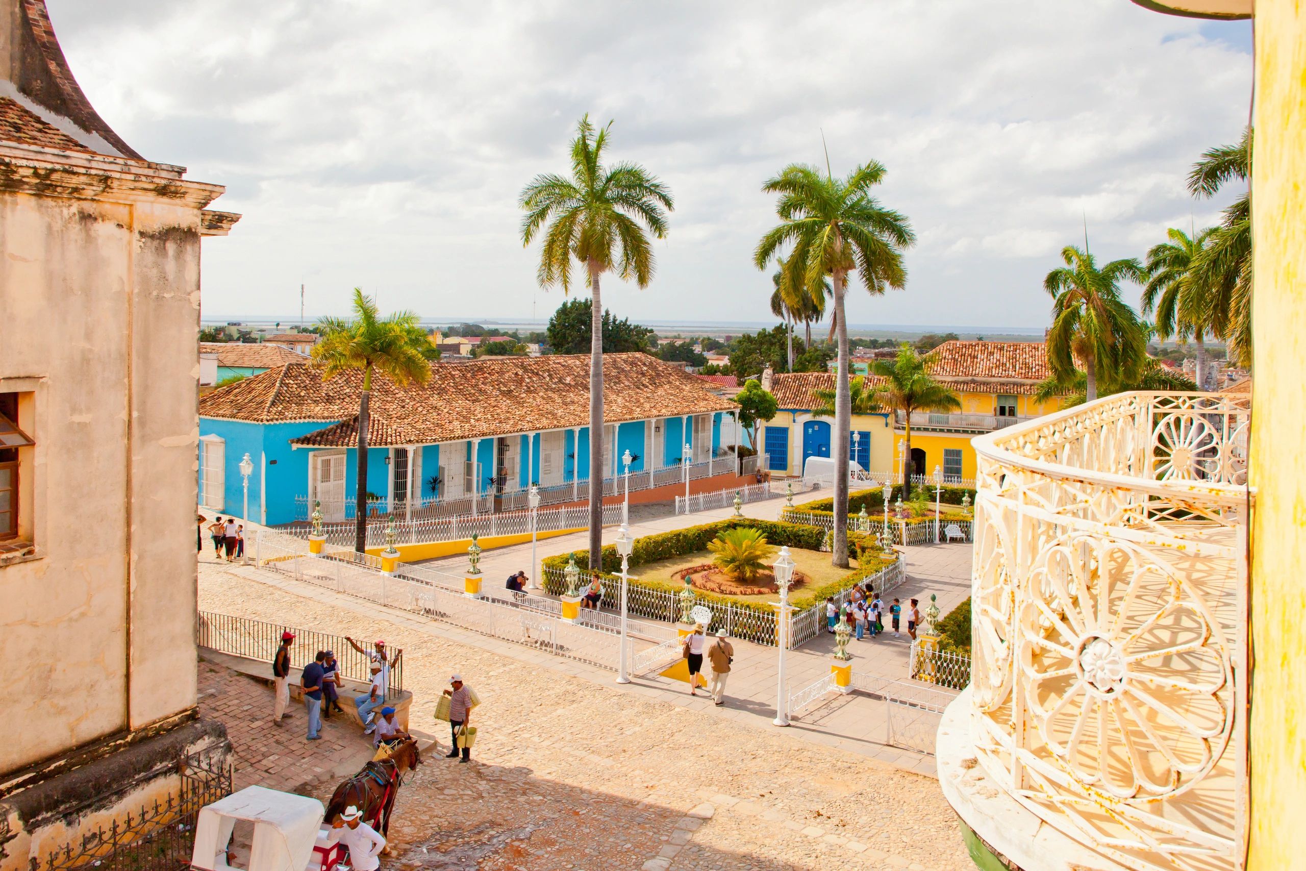 Cuba colonial town square aerial view with colorful buildings