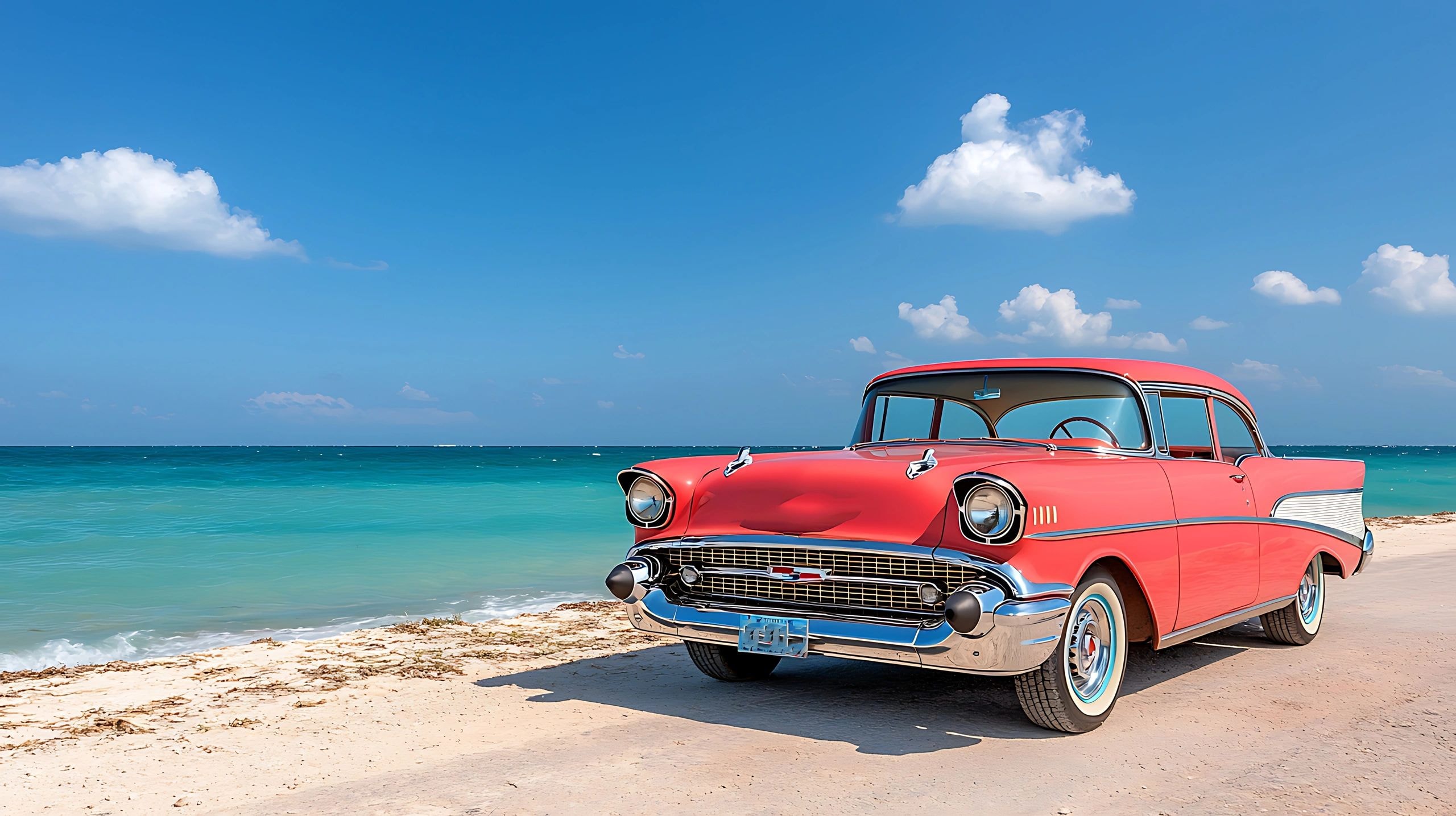 Vintage red car parked at tropical beach, Cuba