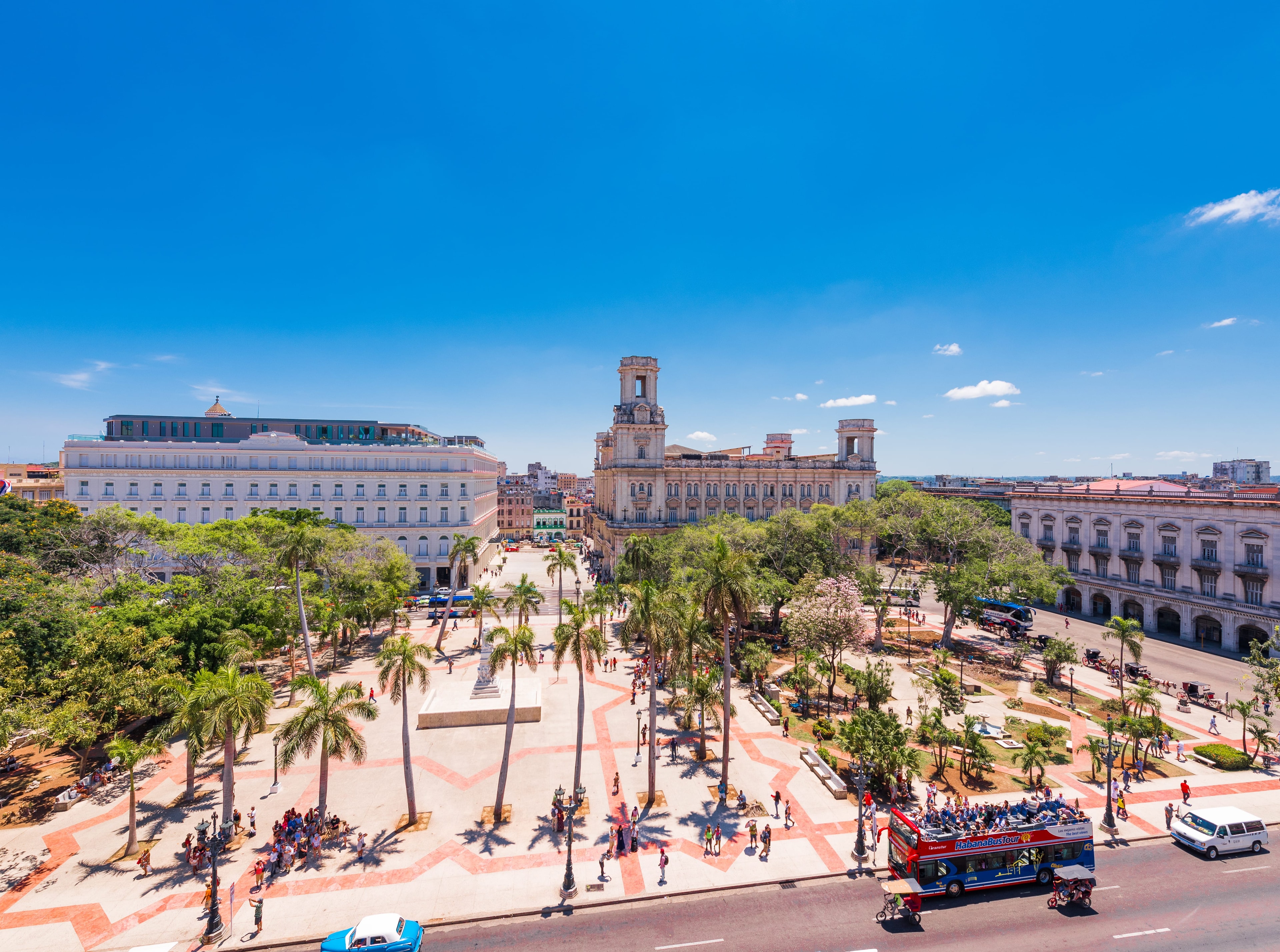 Aerial view of Parque Central Havana with royal palms, Havana Bus Tour, and colonial architecture, Cuba